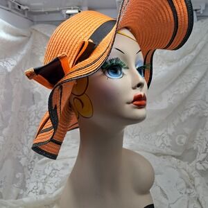 Wide Brim Sun Hat Orange Black Ribbon Accent Summer Beach Wedding Derby